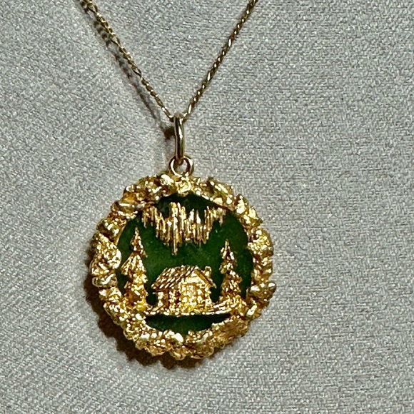 18k & 14k Gold Alaskan Nephrite Jade Scenic Pendant & 14k Chain 20” Lot 523 - Picture 1 of 14